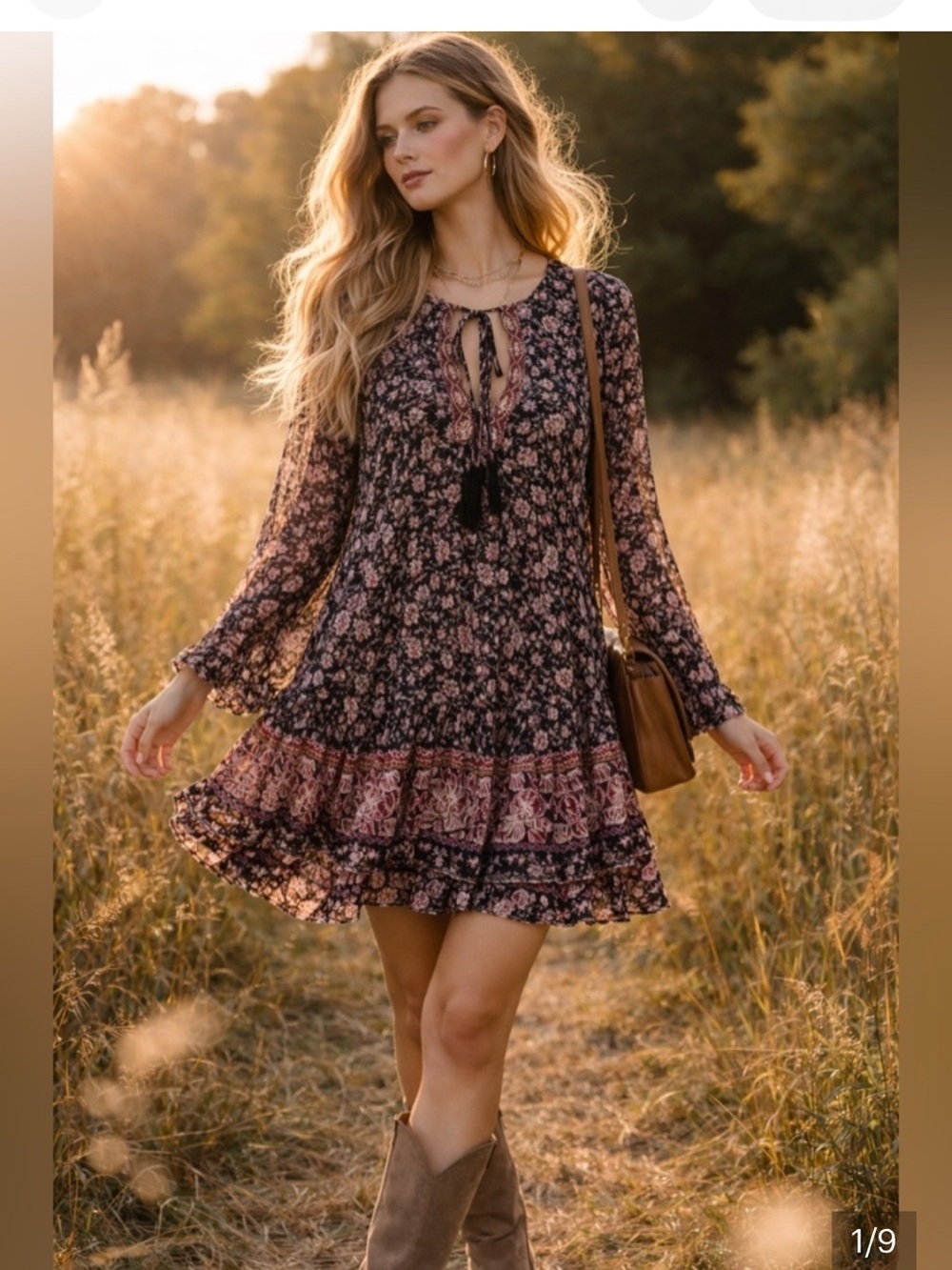 Astr The Label Floral Long Sleeve Ruffle Dress - Black & Pink. Boho. Size Medium